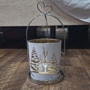 Rustic New Heart-Handled Candle Holder with Tree Design Frosted With Gold Accent